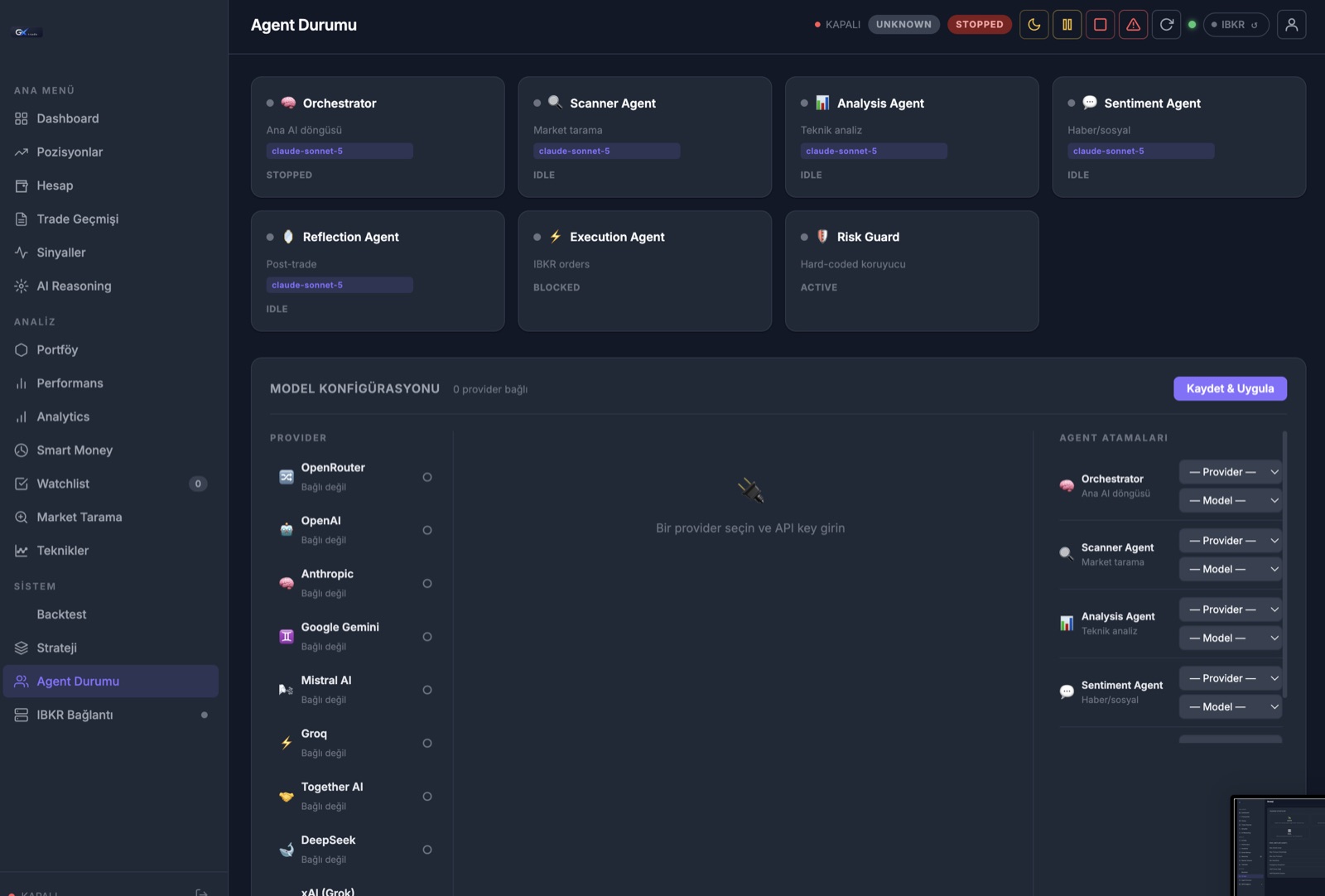 GXTrade ajan durumu — Orchestrator, Scanner, Analysis, Sentiment, Reflection, Execution ve Risk Guard ajanları