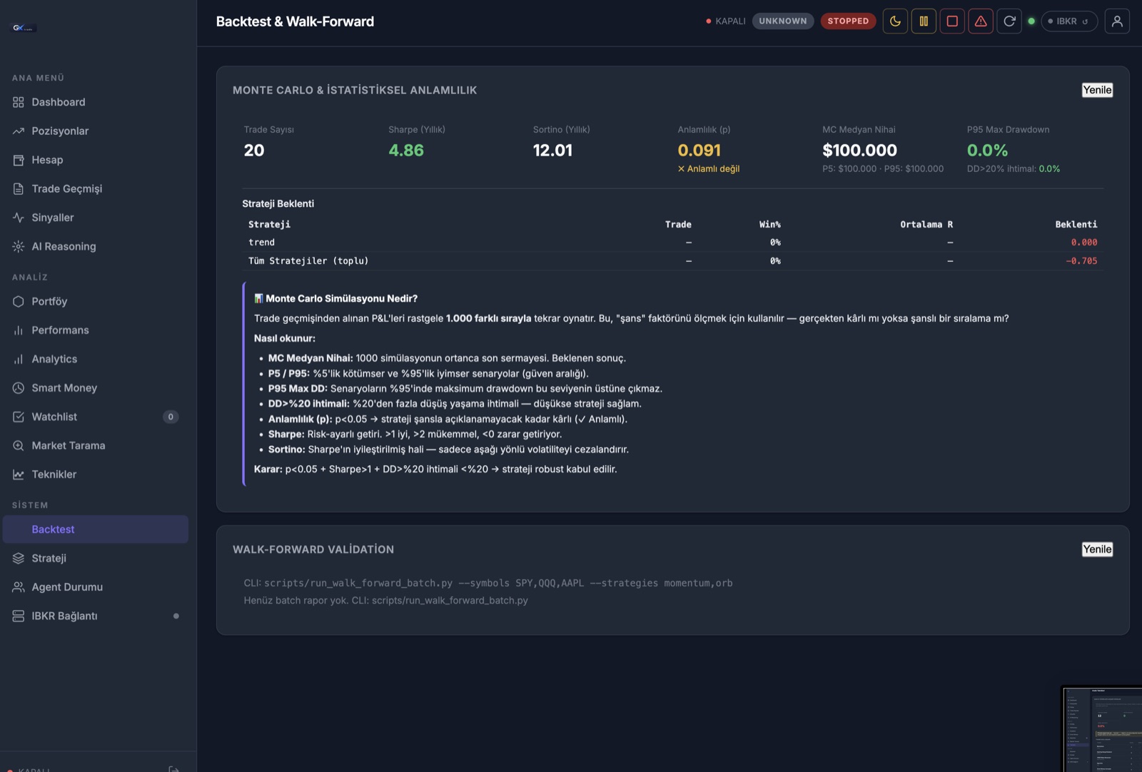 GXTrade Backtest & Walk-Forward — Monte Carlo ve istatistiksel anlamlılık