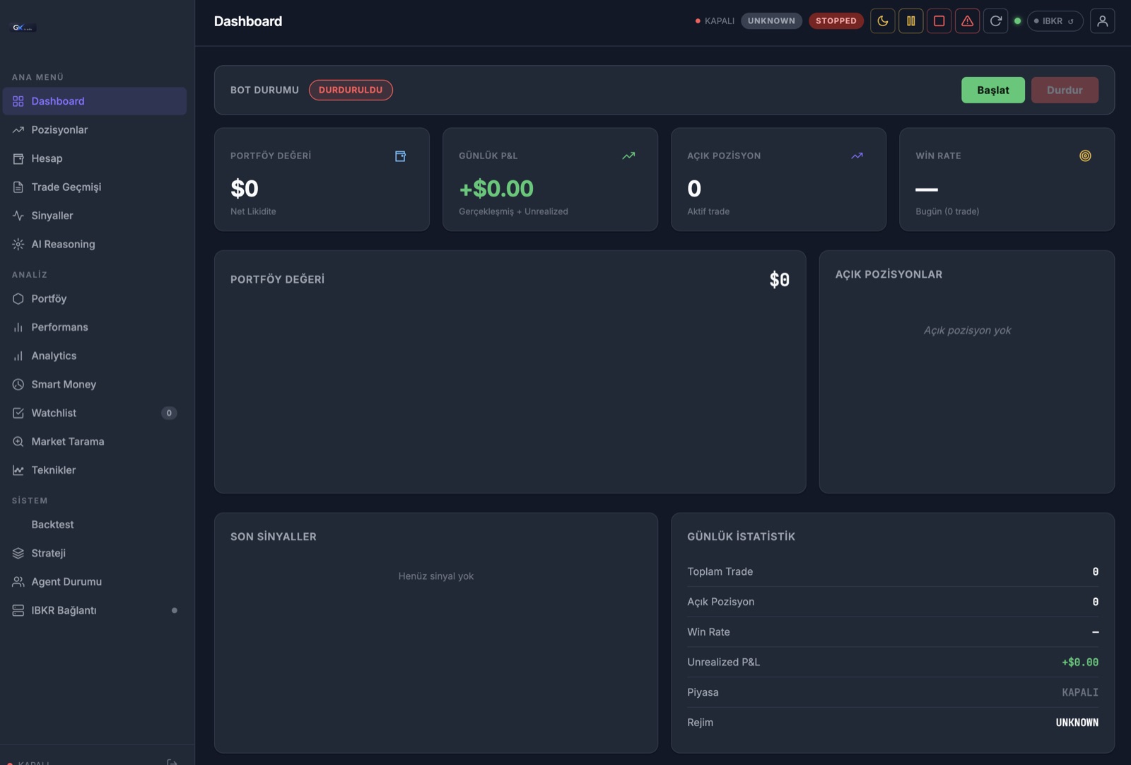 GXTrade dashboard — portföy değeri, günlük P&L, açık pozisyon ve win rate