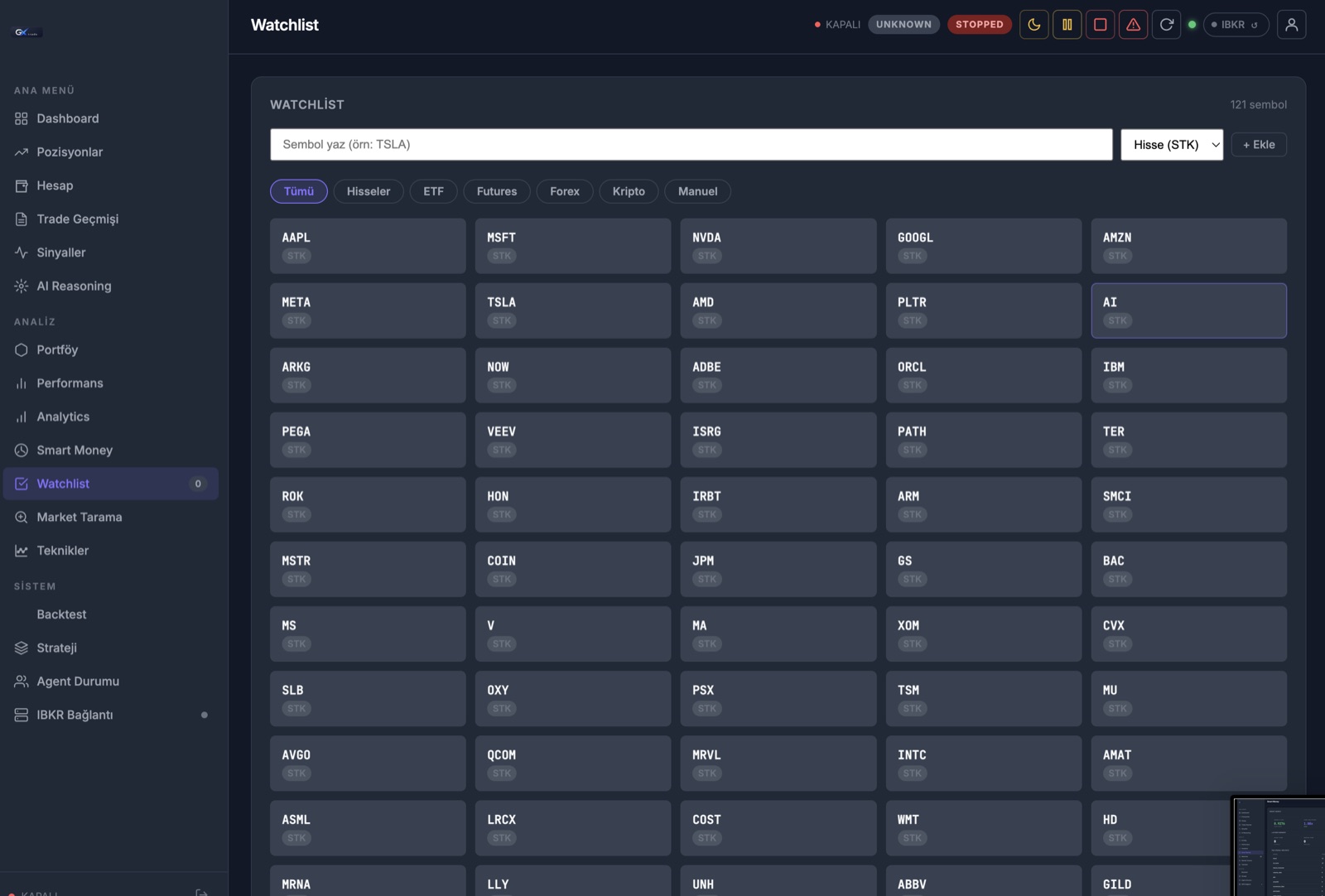 GXTrade watchlist — 121 sembol, hisse/ETF/futures/forex/kripto