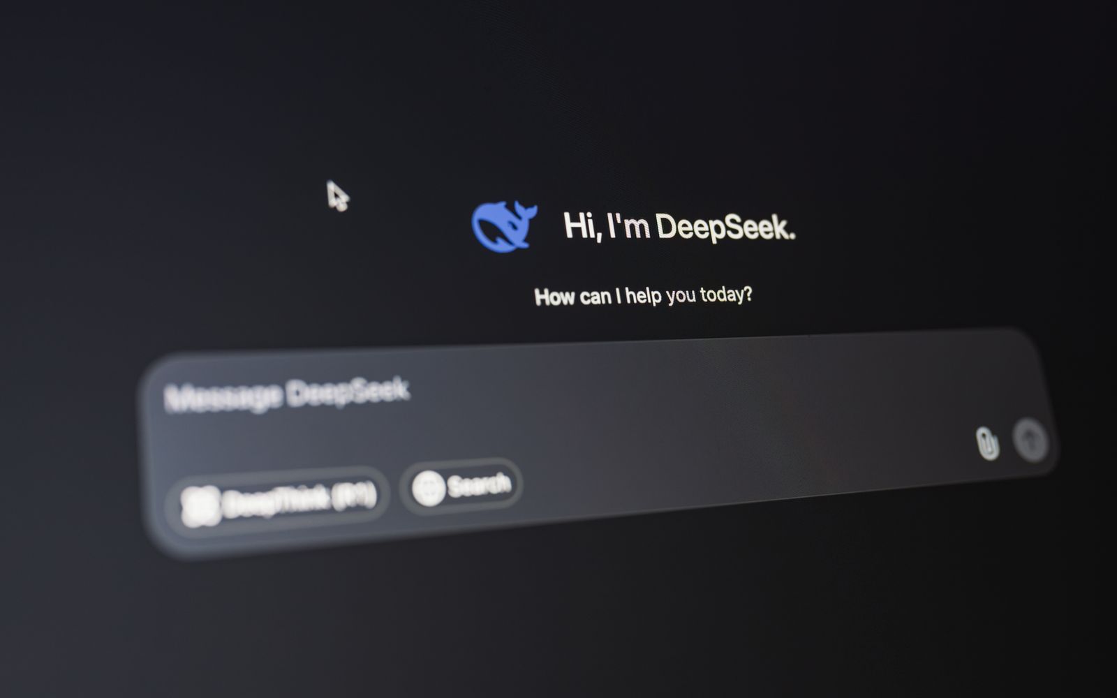 A detailed view of the DeepSeek AI interface, displaying a welcoming message on a dark background.