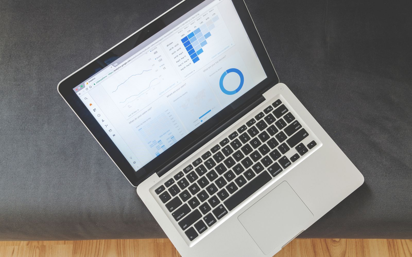 Overhead view of a laptop showing data visualizations and charts on its screen.