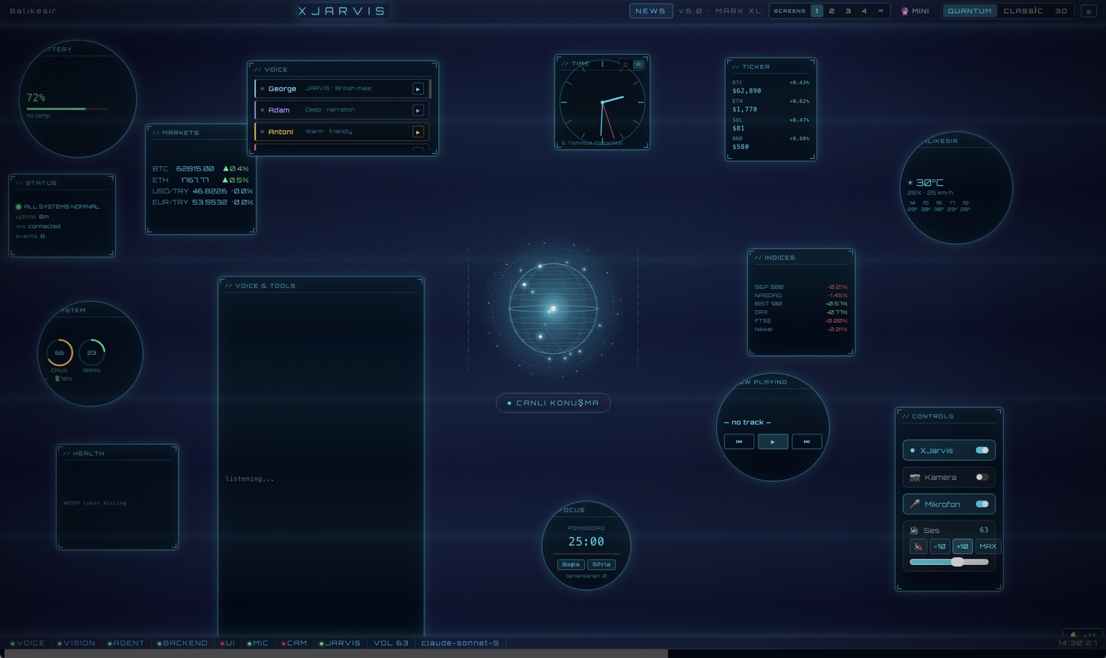 XJarvis Quantum HUD — Mark XL orbital arayüz, sesli komut ve canlı widget'lar