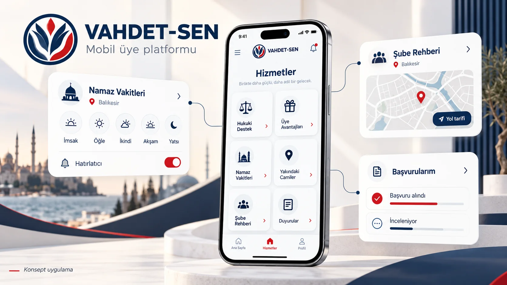 Hizmetler menüsü; namaz vakitleri hatırlatıcısı, şube rehberi haritası ve başvuru durumu kartları